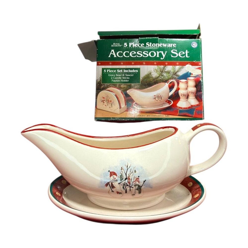 CIB Royal Seasons Stoneware 5-Piece Accessory Set Snowman Design Holiday Decor - Picture 2 of 11